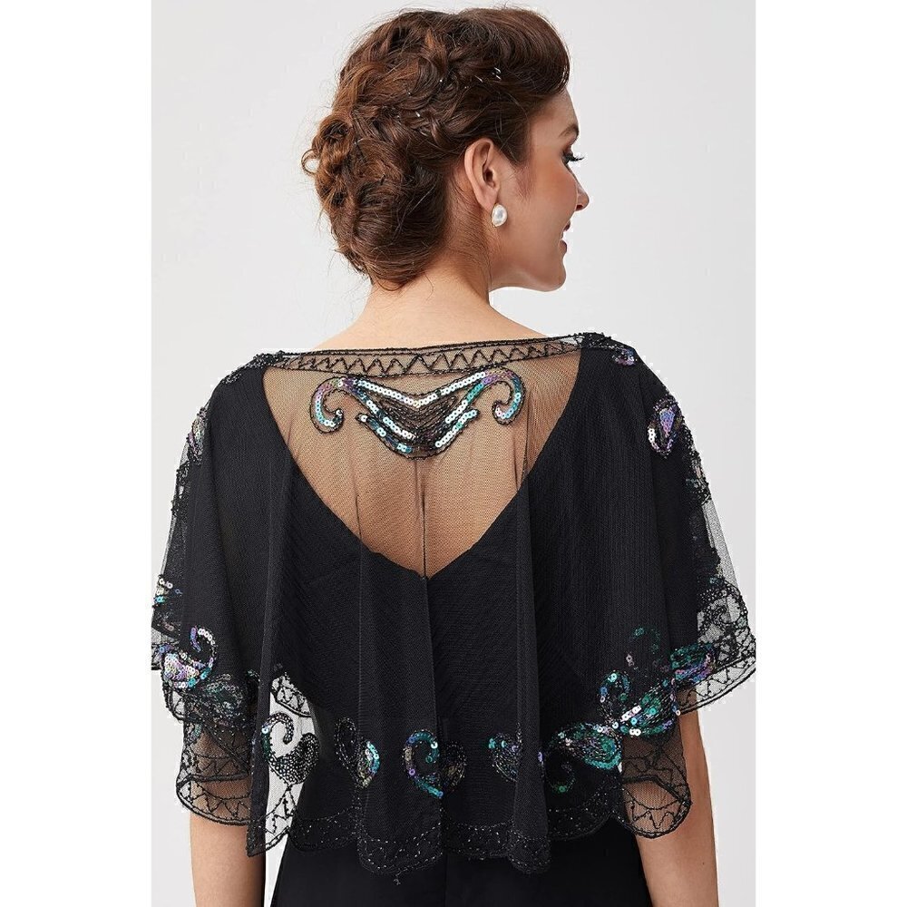 Babeyond 1920s Shawl Wraps Beaded Cape Bridal Shawl Cover Up - Black Colorful - Picture 4 of 6
